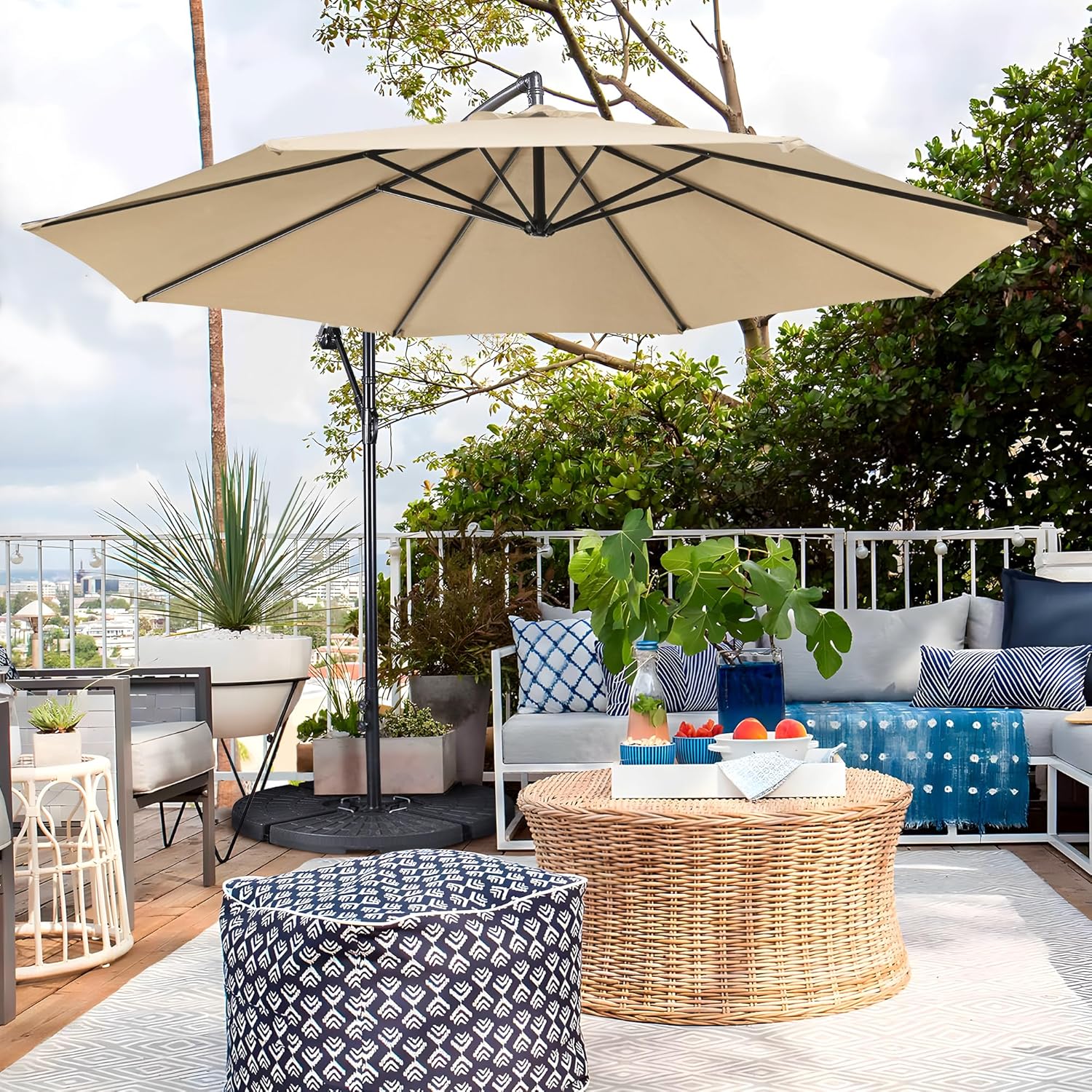 Yaheetech 10FT Patio Offset Umbrella - Cantilever Hanging Outdoor Umbrellas w/UV Protection & 8 Ribs & Handy Crank & Cross Base for Market/Garden/Lawn/Deck/Backyard/Pool - Tan