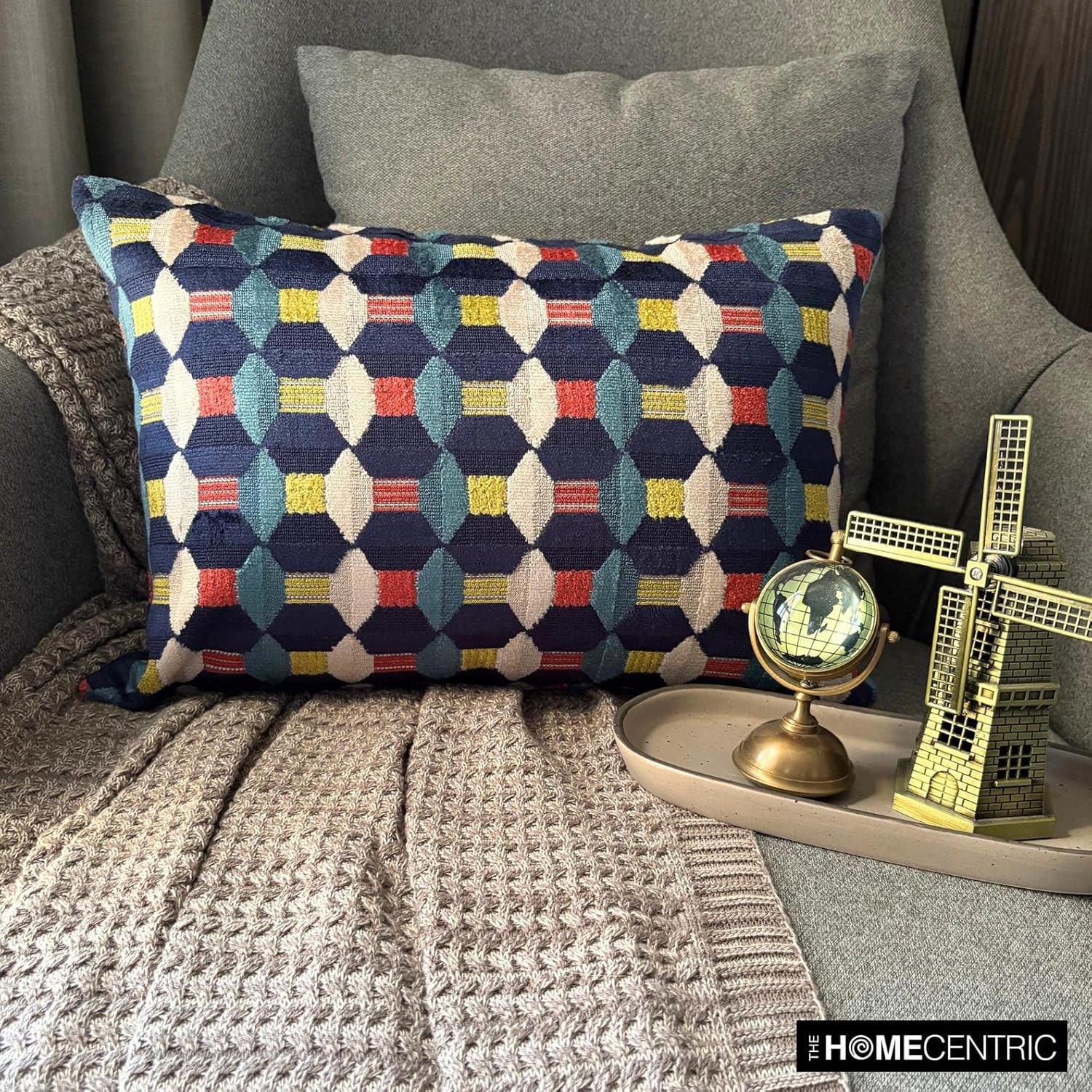 Blue Decorative Lumbar Pillow Cover 12" x 14" | Modern Velvet Oblong Pillow Cover Abstract | Velvet Cut, Beaded Hand Embroidery Pillowcases for Couch / Sofa & Bed, Modern Home Décor - Blue Rhythms