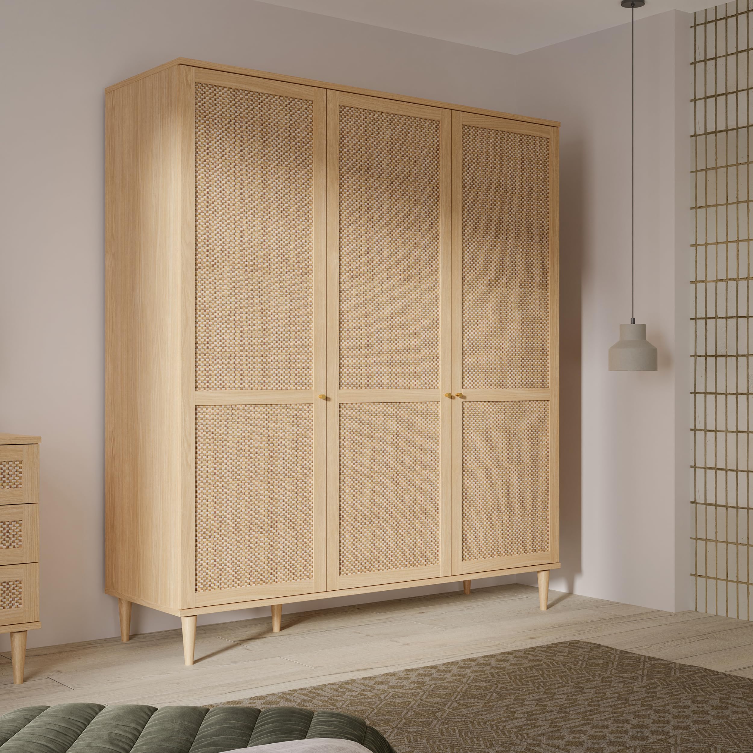 FORTE Calasetta Armadio 165 cm stile boho intrecciato viennese armadio con 3 ante appendiabiti in legno decorazione: Elegancia Rovere/Technorattan, 165 cm di larghezza x 208 cm di altezza x 52 cm di