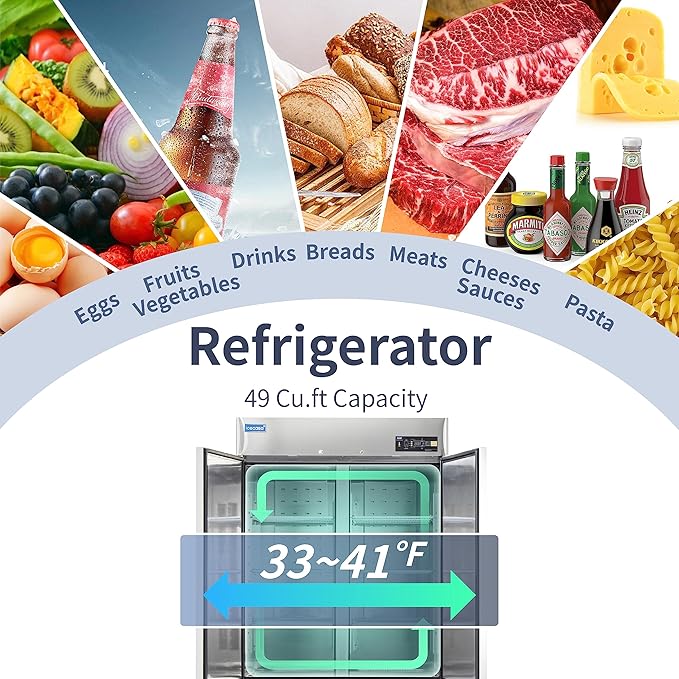 54" W Commercial Refrigerator Reach-in 49 Cu.ft 2 Solid Door Stainless Steel Commercial Refrigerator Fan Cooling for Restuarant, Bar, Shop, etc