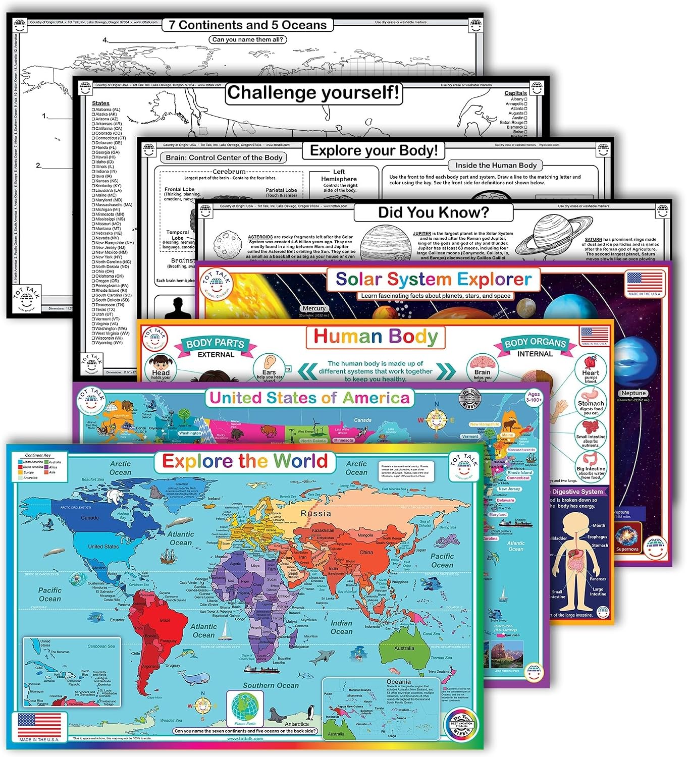 Tot Talk 4-Pack | Human Anatomy, Solar System, USA States & World Map