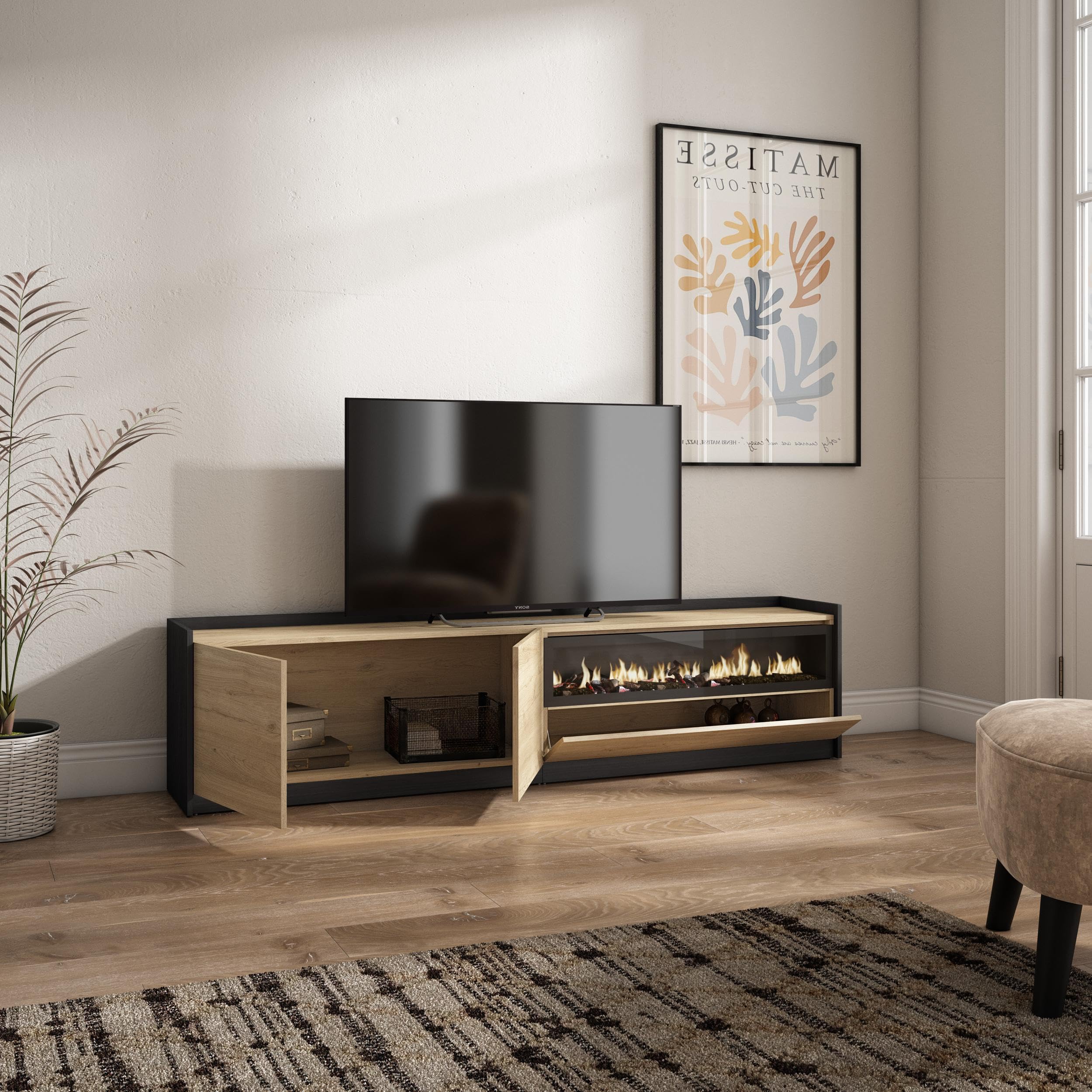 Skraut Home | Mueble TV | Muebles de salón, almacenaje | 207x50x37 cm | para televisión hasta 80" | Chimenea eléctrica | Estilo Moderno | Roble y Negro