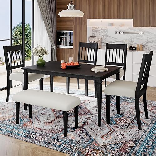 Retro 6-Piece Dining Room Set, 60'' Rectangular Table and 4 Chairs with Bench, Wooden Kitchen Dining Room Furniture Set for 6 (Dovetail Grey-7.25)