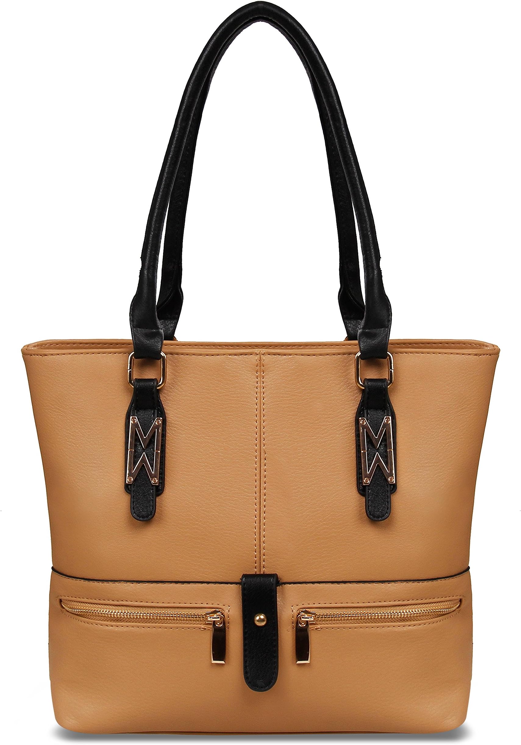 YOLANDO Large Vegan Leather Tote Bag With Multi Pockets T0004 (Khaki)