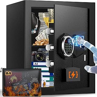Mejasg Safe Tresor Fingerabdruck mit A4 Feuerfester Tasche, 50L Fingerabdruck Tresor für Zuhause mit Herausnehmbare Regal&Duales Alarmsystem, Digitaler Möbeltresor für Bargeld Medikamente A4 Dokumente