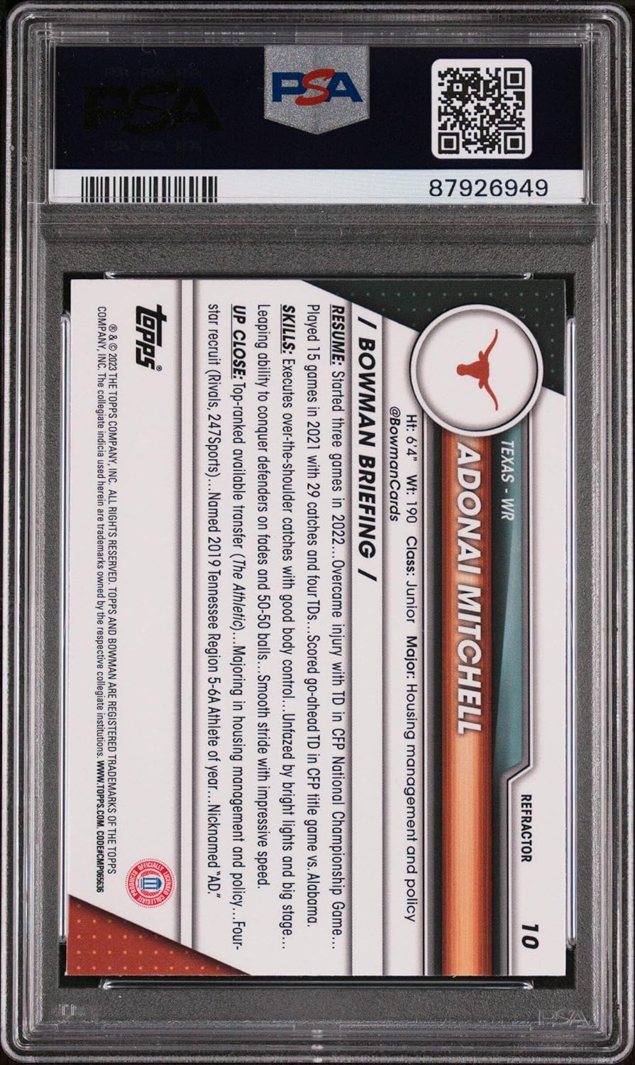 Graded 2023 Topps Bowman U Chrome Adonai Mitchell #10 Refractor Rookie RC Football Card PSA 10 Gem Mint
