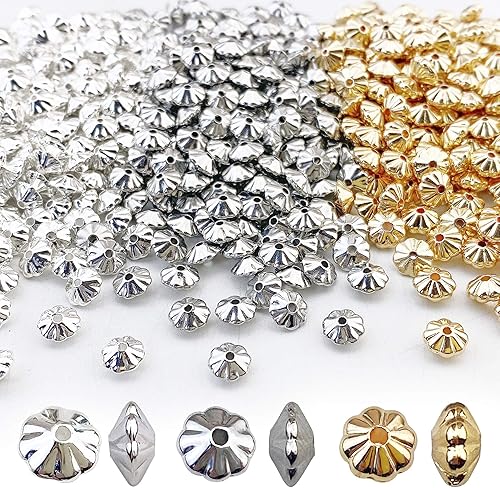 COIRIS 600 cuentas espaciadoras de platillo corrugado de 3 colores de 0.236 pulgadas, cuentas sueltas de metal chapado en rodio de oro y plata para