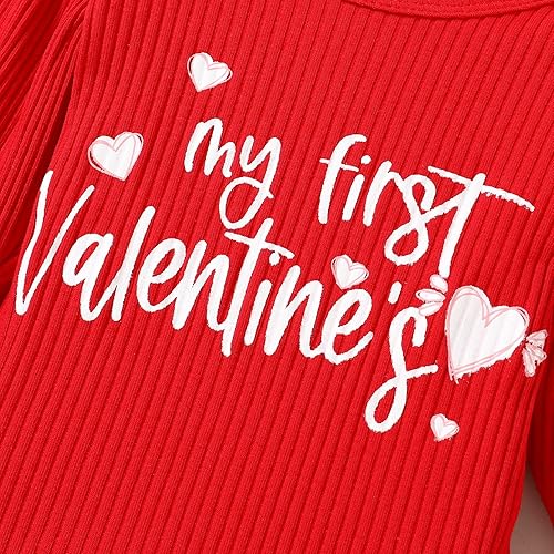 Miniatura 5 de YOUNGER TREE Conjunto de 3 piezas de ropa de San Valentín para bebé, recién nacida, mi primer día de San Valentín, mameluco con patrón de amor