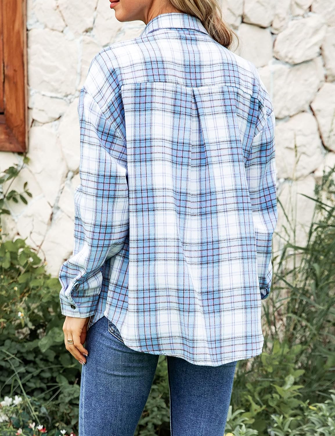 Lumister Oversized Flannel Shirt Women Long Sleeve Plaid Button Buffalo Shirt Blouse Tops with One Pocket - Image 7