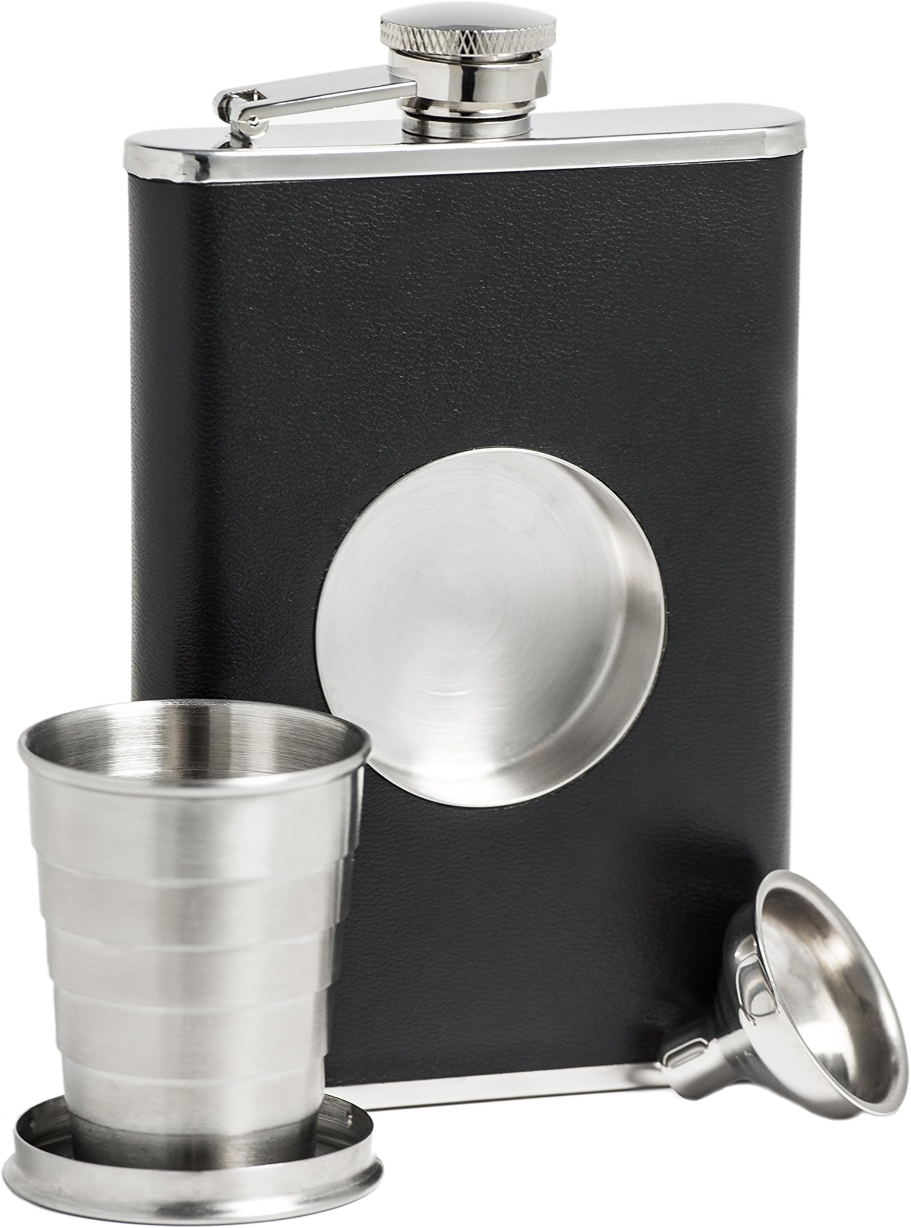 Shot Flask - Stainless Steel 8 oz Hip Flask, Built-in Collapsible 2 Oz. Shot Glass & Flask Funnel - BarMe Brand