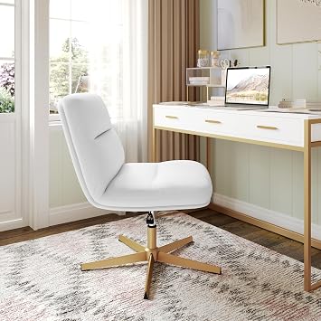 Merrick Lane Biel Mid-Back Faux-Leather Swivel Office Chair, Wide Double-Layer Cushioned Seat & Back, Height-Adjust, Ergonomic, Stationary, Armless, White/Gold