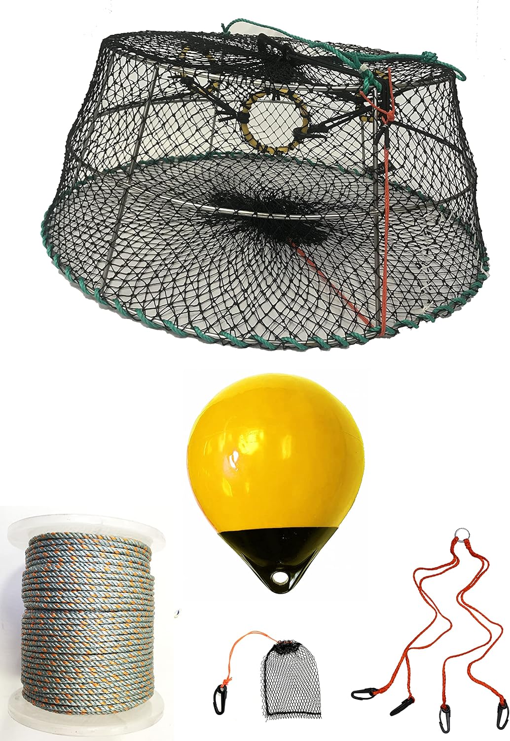KUFA Sports Stainless Steel Tower Style Prawn Trap with 5/16" x 400' Lead Core Rope, Vented Bait Bag, Harness & Yellow Float Combos (Stretched Mesh Size: 1-1/8")