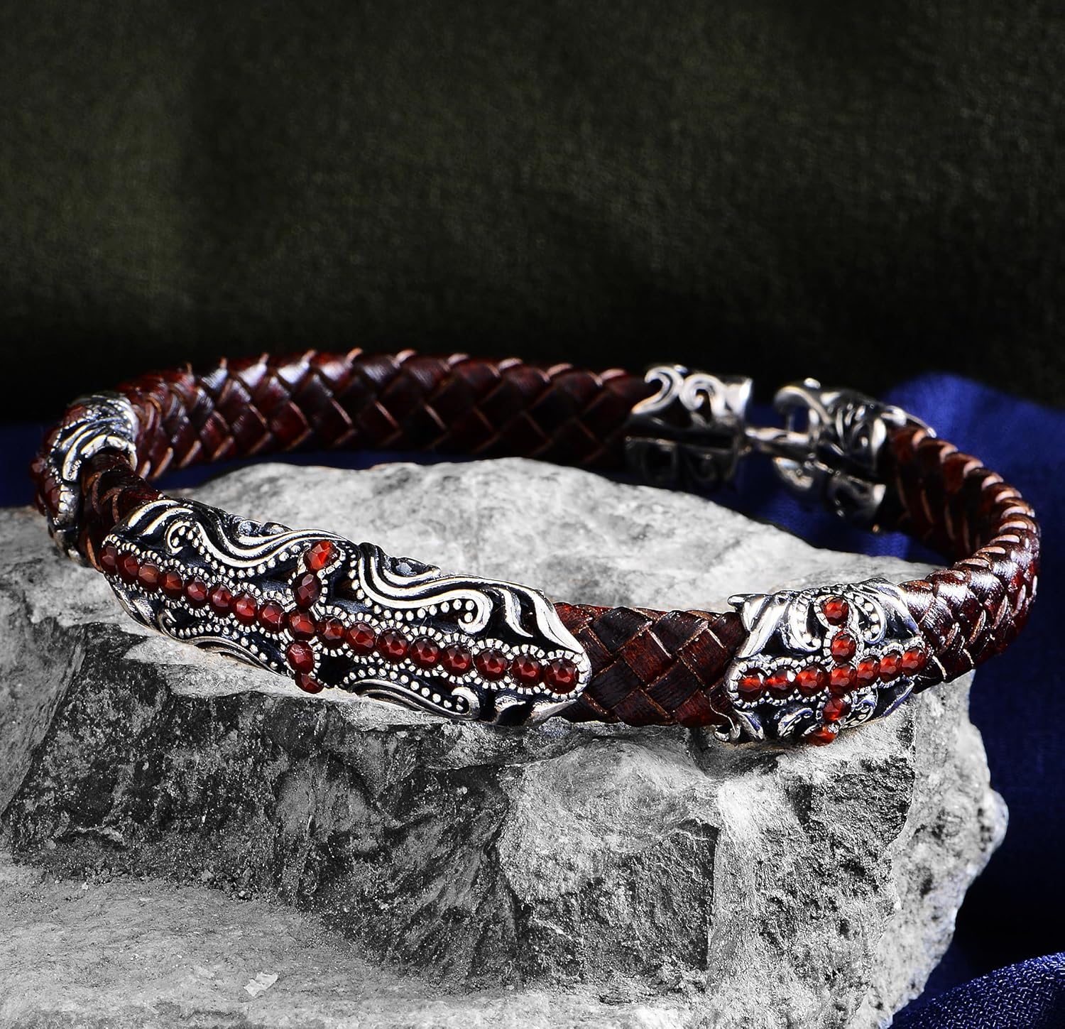 Men Leather Bracelet, Handmade Men Ruby Stone Leather Bangle, Unique Bracelet, Gift For Husband, Mens Silver Jewelry, 925k Silver