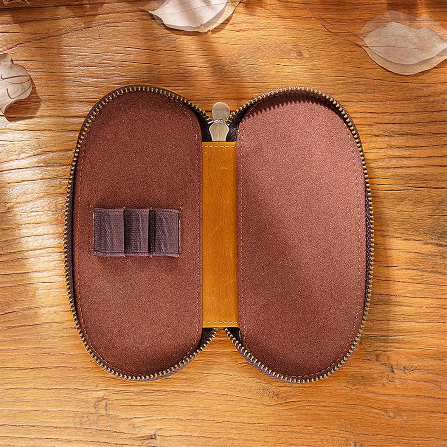 Vintage genuine leather Zipper Pen Bag - Zippered Organizer for Office Supplies-Pencil Holders (Brown)