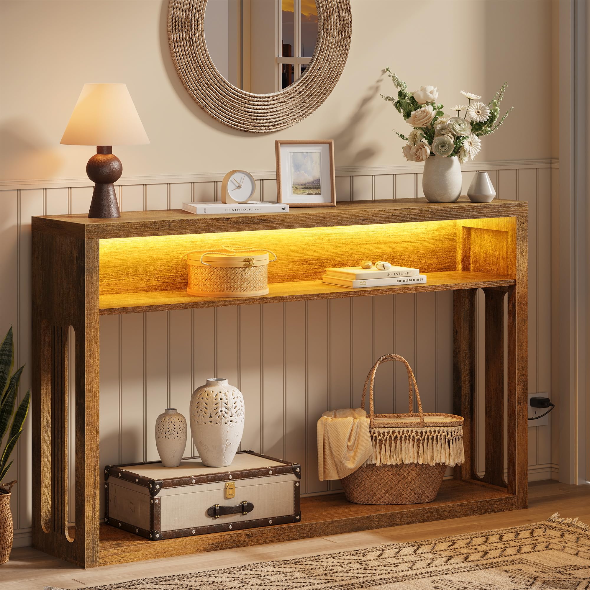 FAVOOSTY Farmhouse Console Table with Storage, 47" Entryway Console Table with Led Light, 2-Tier Entryway Table Sofa Table Behind Couch Table Hallway Stand for Living Room,Foyer,Entrance Brown