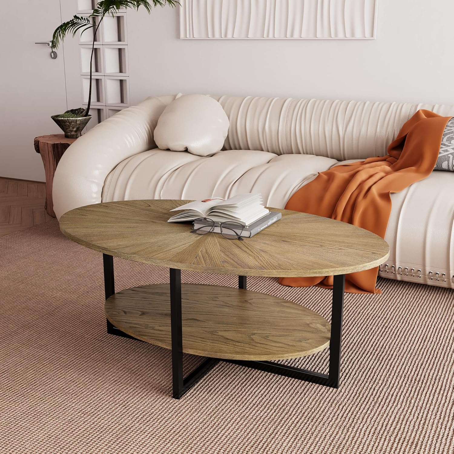 LEEMTORIG Solid Wood Oval Coffee Table for Living Room, 43.3 inch Modern Industrial Center Table with 2-Tier Storage Shelf, Cocktail Table with Metal Legs for Small Space, Rustic Natural, KFZ-1811