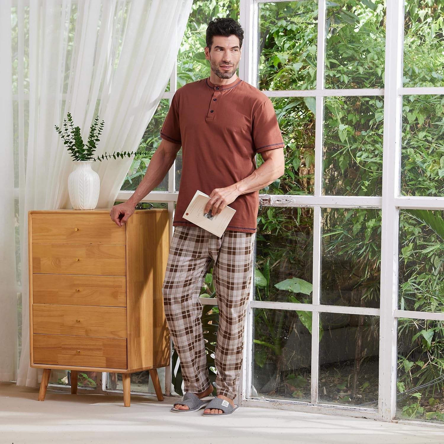 Keyocean Mens Pajama Set, Soft Cotton Short-Sleeve T-Shirt & Long Pants PJ Set for Sleeping - Image 3