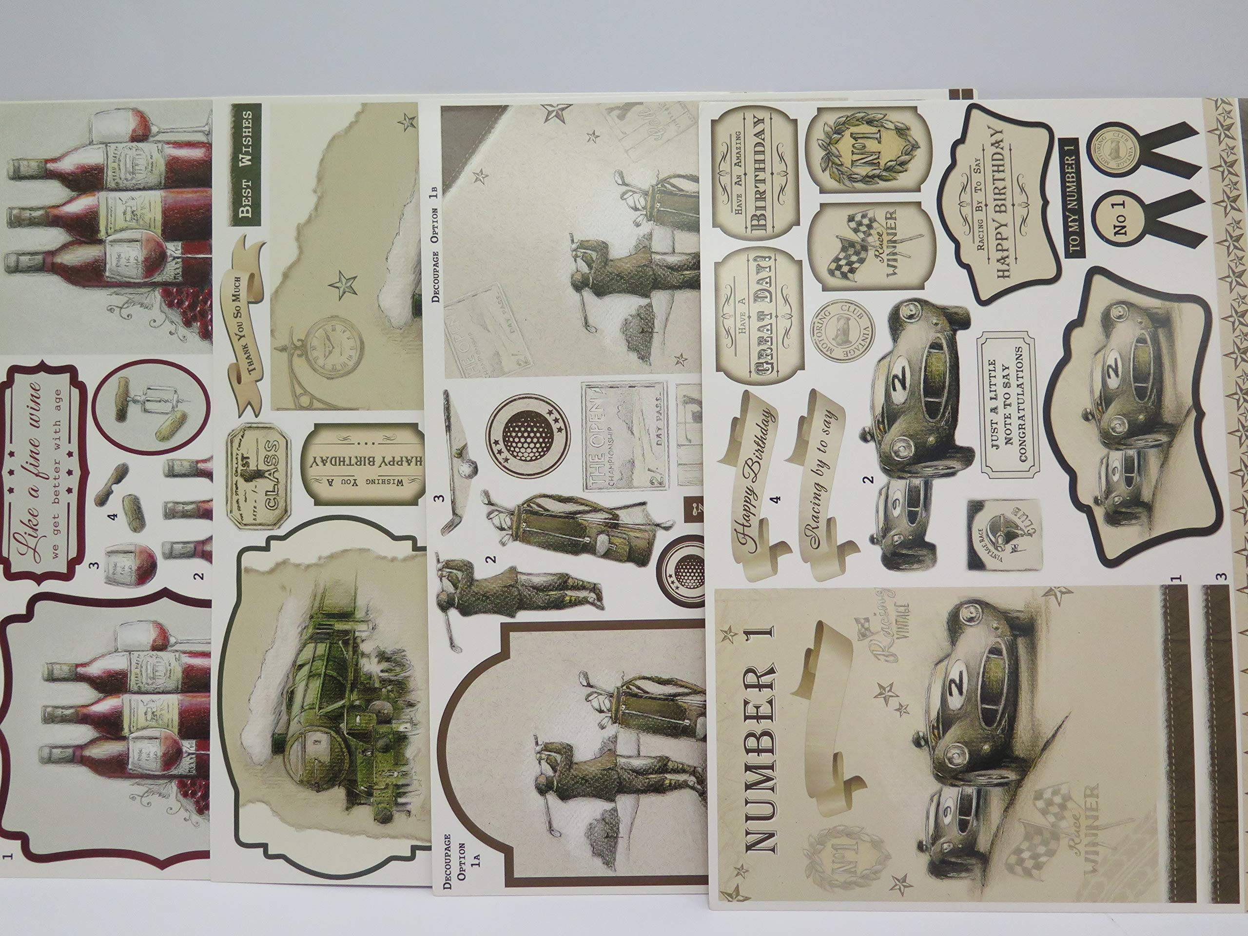 8 x A4 Debbi Moore Cards for Men Decoupage Sheets 4 Designs Train/Car/Golf/Wine JLH216