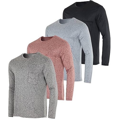 Real Essentials 4 Pack: Men's Dry-Fit Active Athletic Long Sleeve Pocket Crew T-Shirt Outdoors UPF 50 S-5XLT