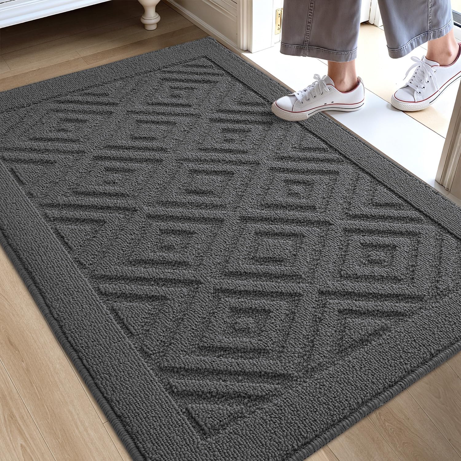 DEXI Front Door Mat for Entryway, 32x48 Washable Entry Rugs with Non Slip Backing, Low Profile Absorbent Welcome Floor Doormat for Inside Home, Entrance, Dark Grey