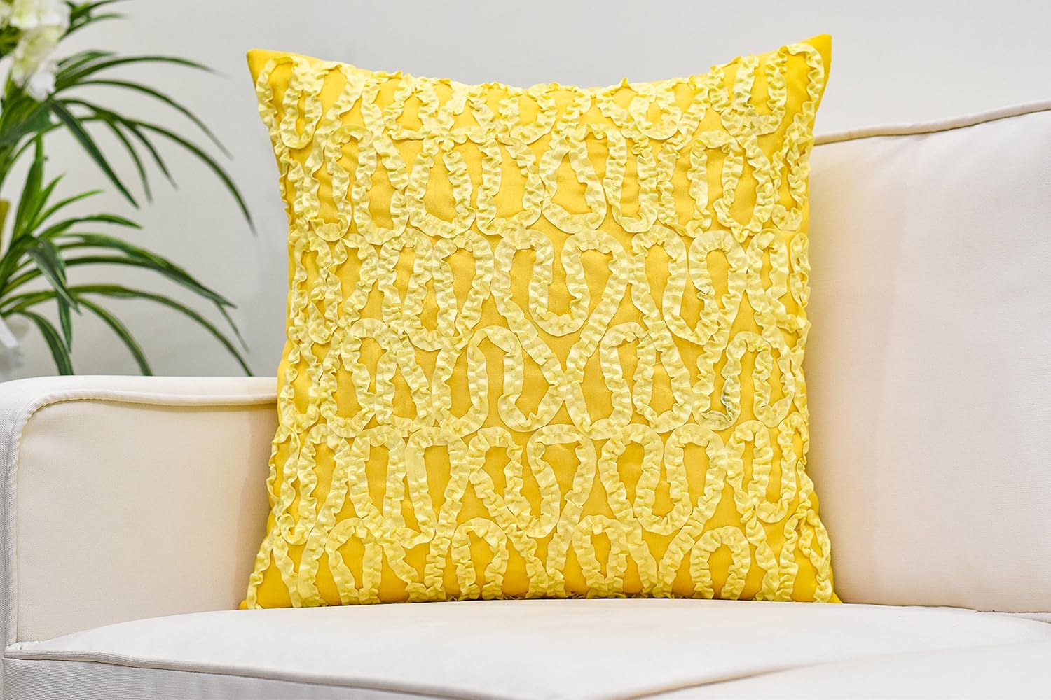 The White Petals Canary Yellow Decorative Pillow Covers (Ribbon Work, 18x18 inch, Pack of 2)