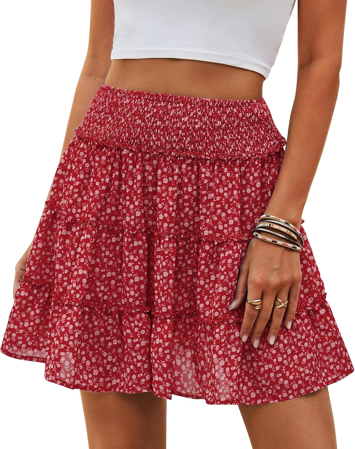 Naggoo Womens Summer Mini Skirt with Shorts Flowy Ruffle High Waisted Tiered Floral Skirt Skorts