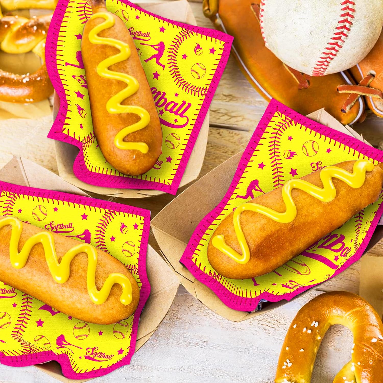 40Pcs Softball Print Party Napkins Pink/Yellow Softball Theme Party Paper Napkins with Bats, Gloves & Trophies Ball Paper Napkins Set Ball Sports Paper Luncheon Napkins Sports-Themed Gatherings