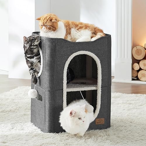 Miniatura 90 de Bedsure Casa para gatos de 2 pisos, condominios para gatos de interior con almohadilla para rascar y colgar bolas esponjosas, muebles pequeños