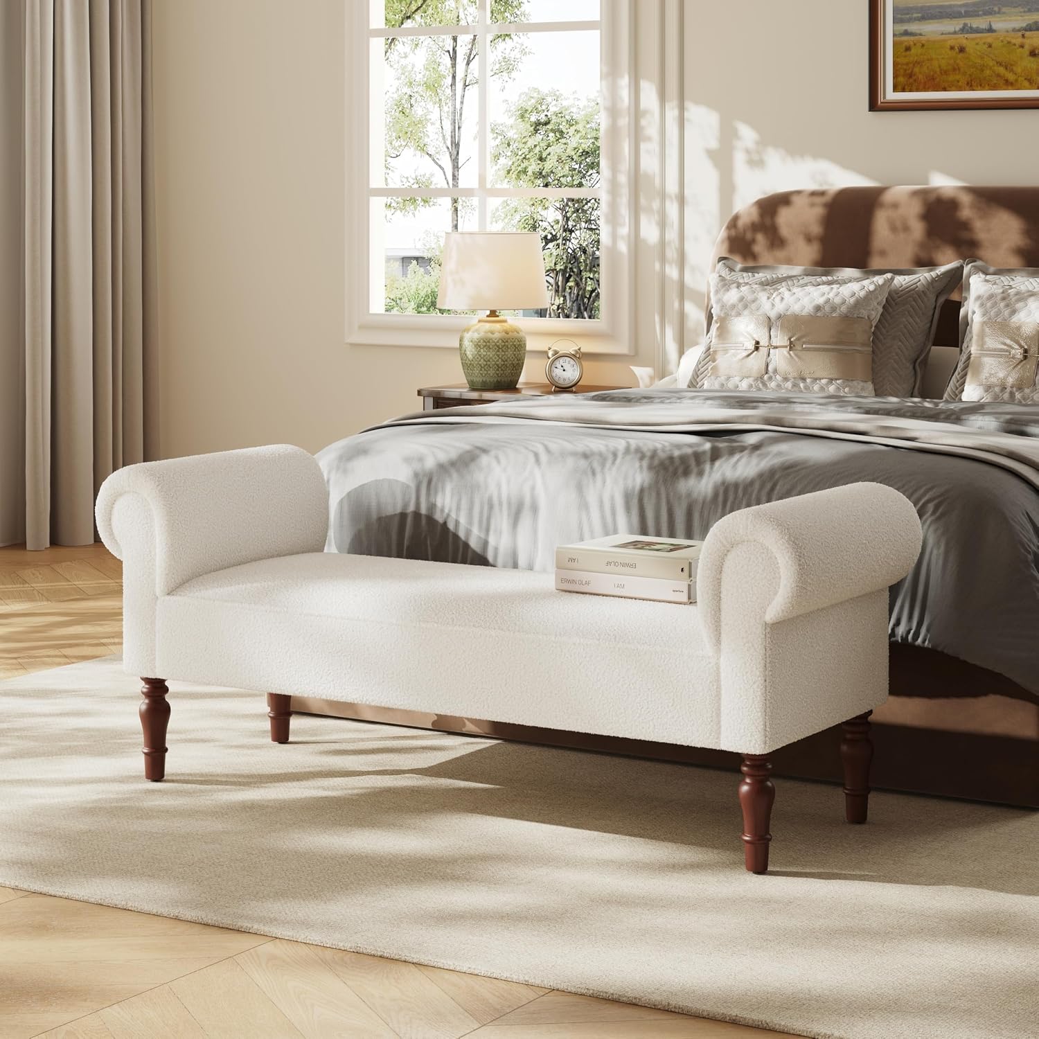 Christopher Knight Home Peter 59" Teddy Fabric Upholstered End of Bed Ottoman, Wooden Ottoman Bench with Rolled Arms, Long Entryway Foot Rest, Bedroom End of Bed Foot Stools, White