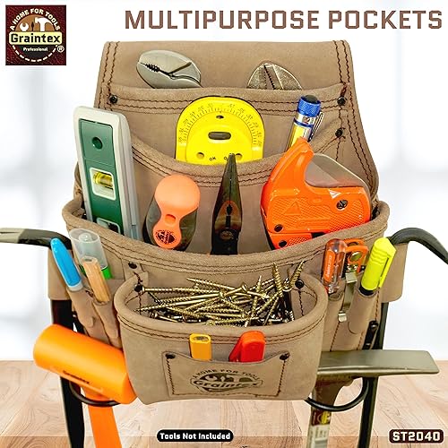 Miniatura 9 de GRAINTEX ST2040 - Bolsa de 10 bolsillos para uñas y herramientas de cuero natural de grano superior para enmarcadores, constructores, electricistas,