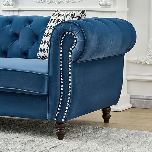 Miniatura 10 de Sofá biplaza moderno de terciopelo negro de mediados de siglo, sofá Chesterfield de 67 pulgadas con ribete de cabeza de clavos, brazo enrollado,