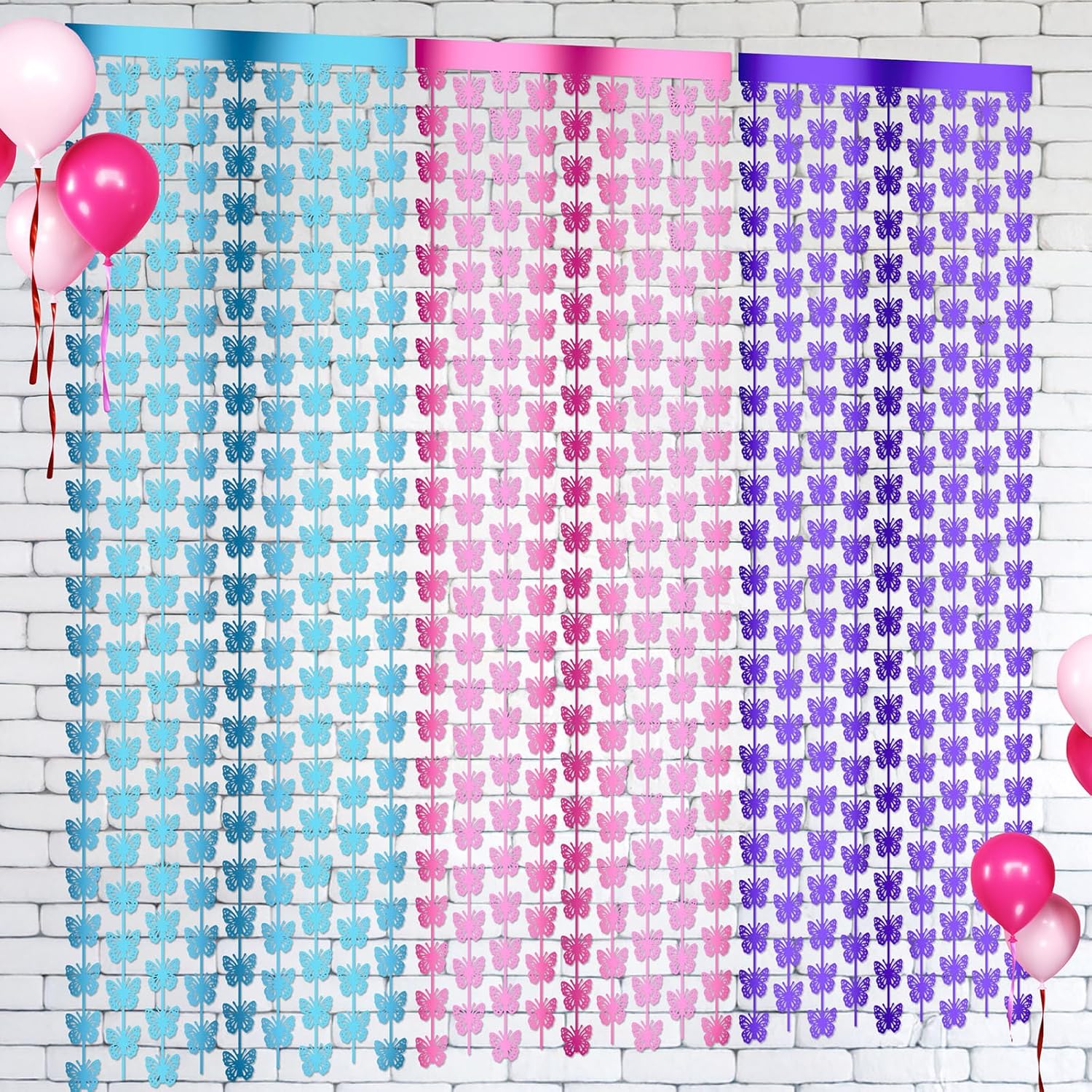 Yeaqee 3 Pcs Butterfly Fringe Party Backdrop Hanging Butterfly Foil Curtain Garland Decorations Streamers for Birthdays Princess Themed Bridal Shower Bachelorette Party Decor, Pink, Blue, Purple - Image 2