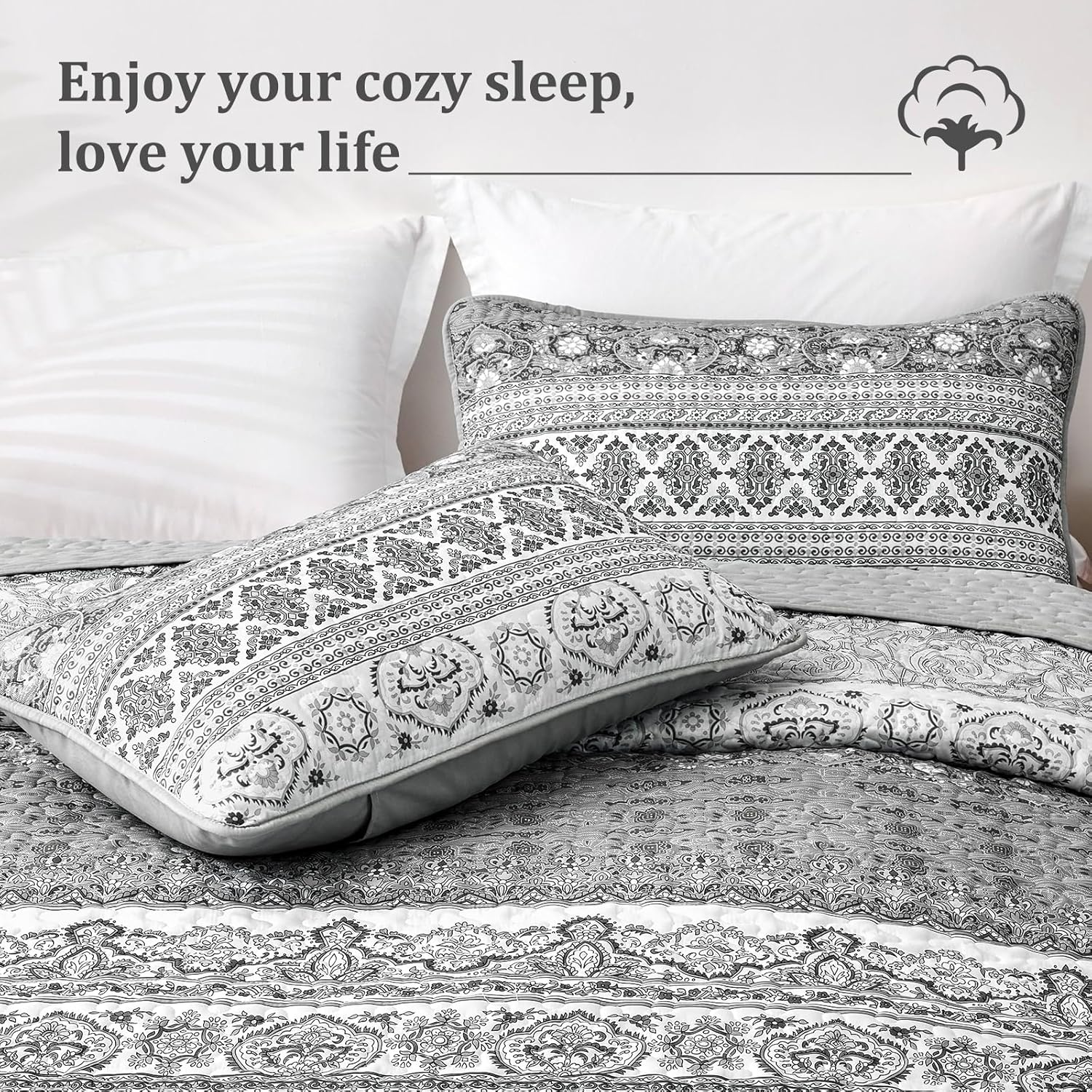 WONGS BEDDING Boho King Quilt Set, Grey Bohemian King Quilt Bedding Set, Lightweight Microfiber Bed Decor Bedspread for All Season 103"x90"(3 Pieces) - Image 4