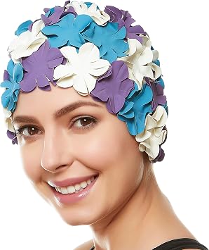 Beemo Floral Petal Swim Cap for Women - Retro Latex Bathing Cap for Long & Short Hair, Vintage Flower Swim Hat with Ear Protection for Pool, Beach & Water Aerobics