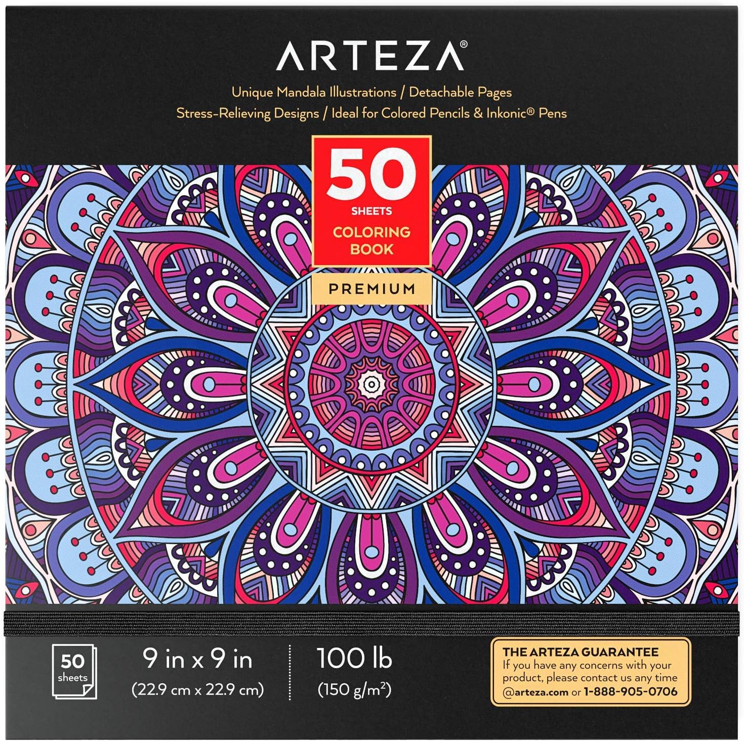 Arteza Adult Coloring Book, 9 x 9 Inches, Mandala Designs, Stress-Relieving Coloring Book for Adults with 50 Different One-Sided Images, Art Supplies for Relaxing, Reflecting, and Decompressing