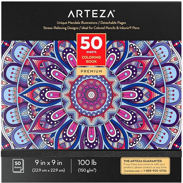 Arteza Adult Coloring Book, 9 x 9 Inches, Mandala Designs, Stress-Relieving Coloring Book for Adults with 50 Different One-Sided Images, Art Supplies for Relaxing, Reflecting, and Decompressing