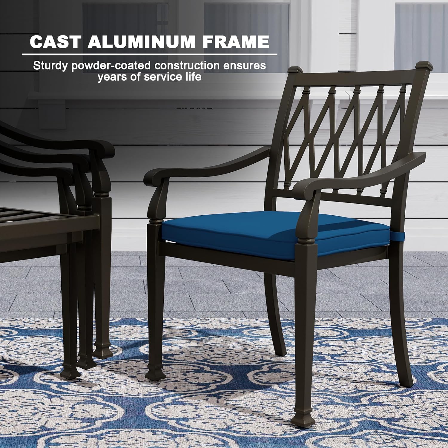 MONDAWE 4 Piece Cast Aluminum Patio Dining Chair, All-Weather Outdoor Dining Chair Set of 4 with Arms and Seat Cushions for Garden, Backyard, Poolside, Bistro - Blue