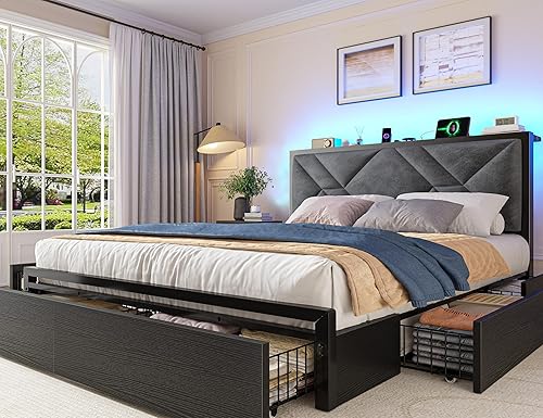 EnHomee Base de cama Queen con 6 cajones de almacenamiento y luces LED, marco de cama tamaño Queen con cabecera tapizada y estación de carga, sin
