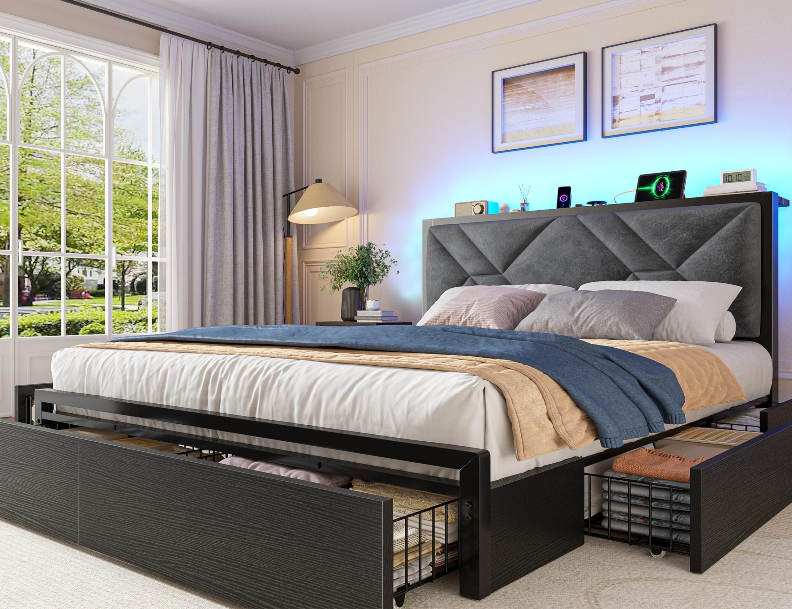 EnHomee Queen Bed Frame with 6 Storage Drawers and LED Lights, Bed Frame Queen Size with Upholstered Headboard and Charging Station,NO Noise,Easy