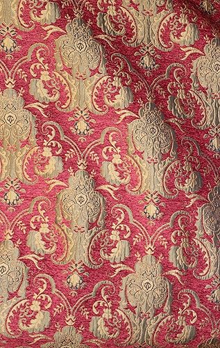 Miniatura 2 de Damasco, chenilla, tapicería, tela de cortina, se vende por yarda 58 pulgadas de ancho (rojodorado)