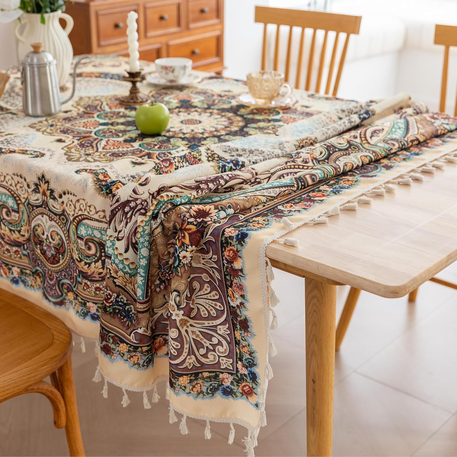 Handblock Print Tablecloth for Square Tables, Arab Pattern Table Cover with Fringed Edges, Decorative Tablecloth for Kitchen and Dining Room,59"x 102"