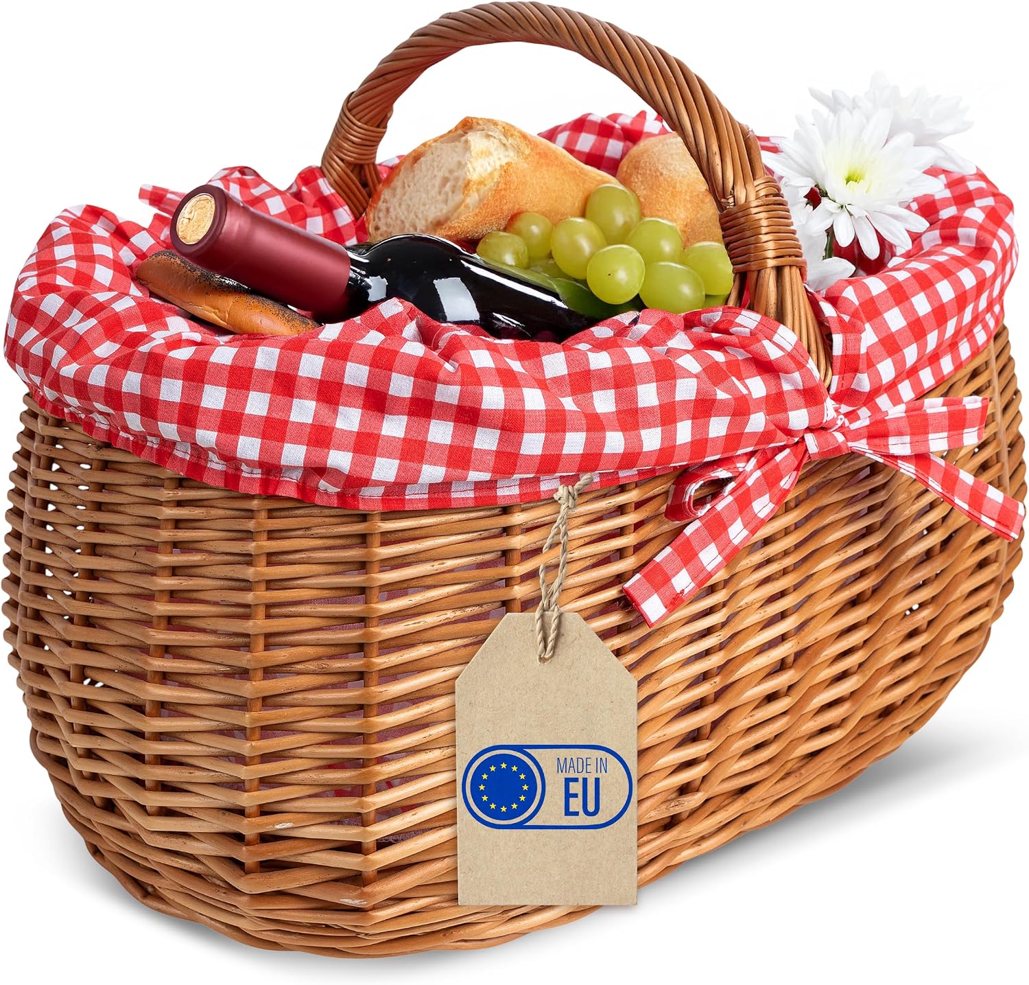 Creative Home Large picnic basket with red checked fabric inlay Willow basket with handle Shopping basket Car basket 45 x 32 x 34 cm +/ - 2 cm Large and light natural brown Hand braided Universal