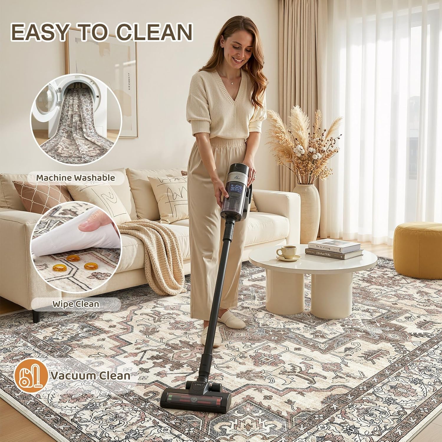 Vintage Area Rugs 5x7 Washable Light Brown, Non-Slip Low Pile Stain Resistant Carpet for Living Room Dining Room, Traditional Large Retro Bedroom Kid & Pet Friendly Floor Home Decor