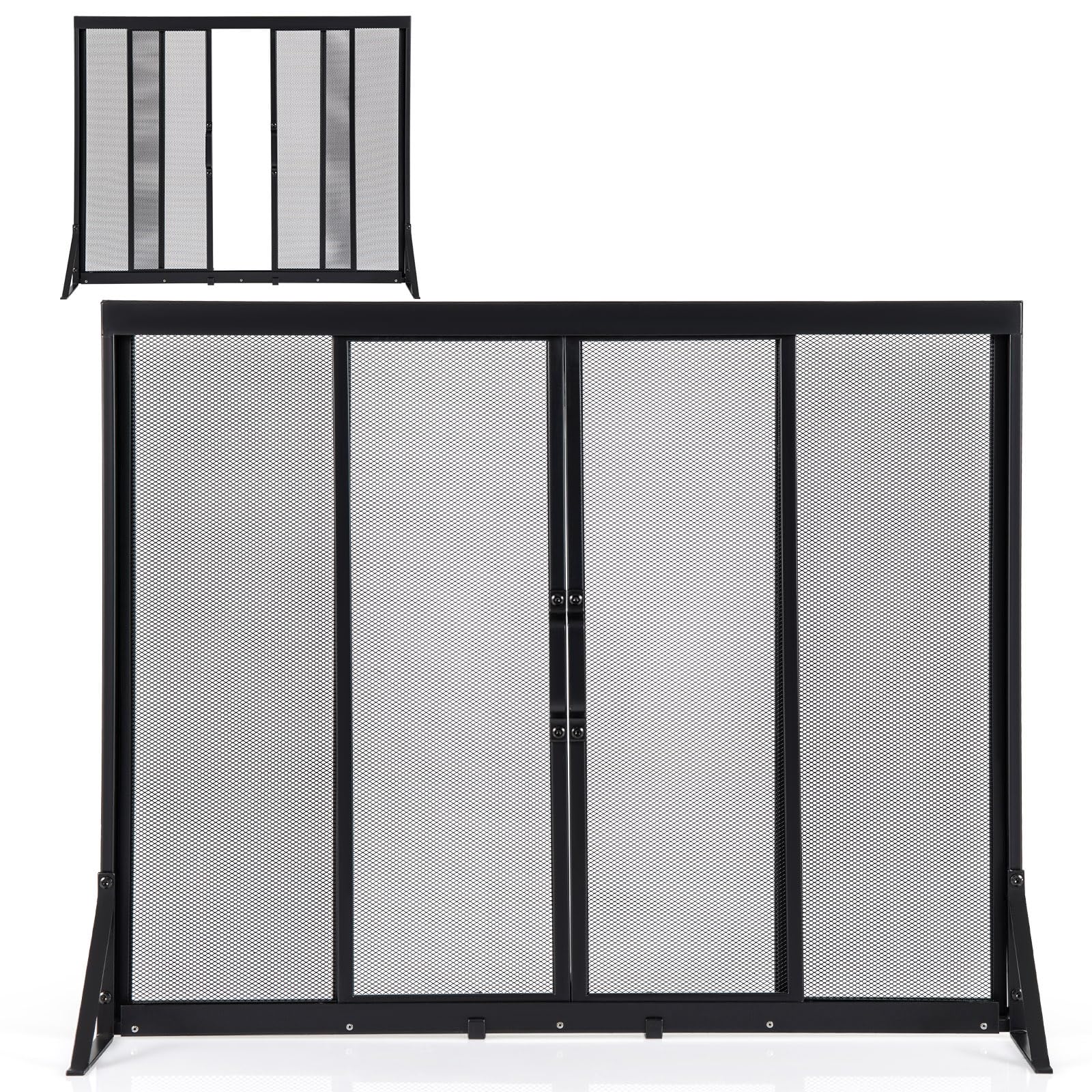 LIFEZEAL Pare-Soleil pour cheminée à Bois, Pare-éclaboussures pour cheminée avec Portes coulissantes avec poignée, Protection de poêle, Grille à 4 Panneaux en métal, Filet décoratif (96 x 33 x 79 cm)