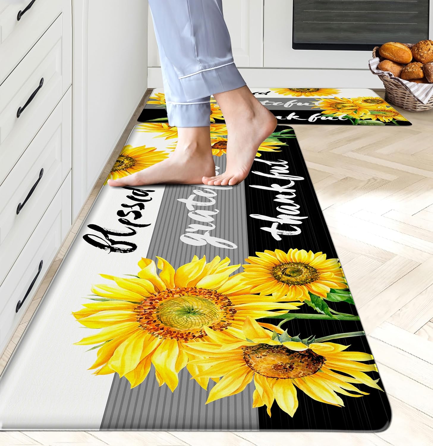 chiinvent Sunflower Kitchen Mats for Floor Cushioned Anti Fatigue Kitchen Mat Set of 2 Yellow Floral Farmhouse Comfort Standing Waterproof Non-Skid Kitchen Rugs 17.3''x28''+17.3''x47'' Black and White