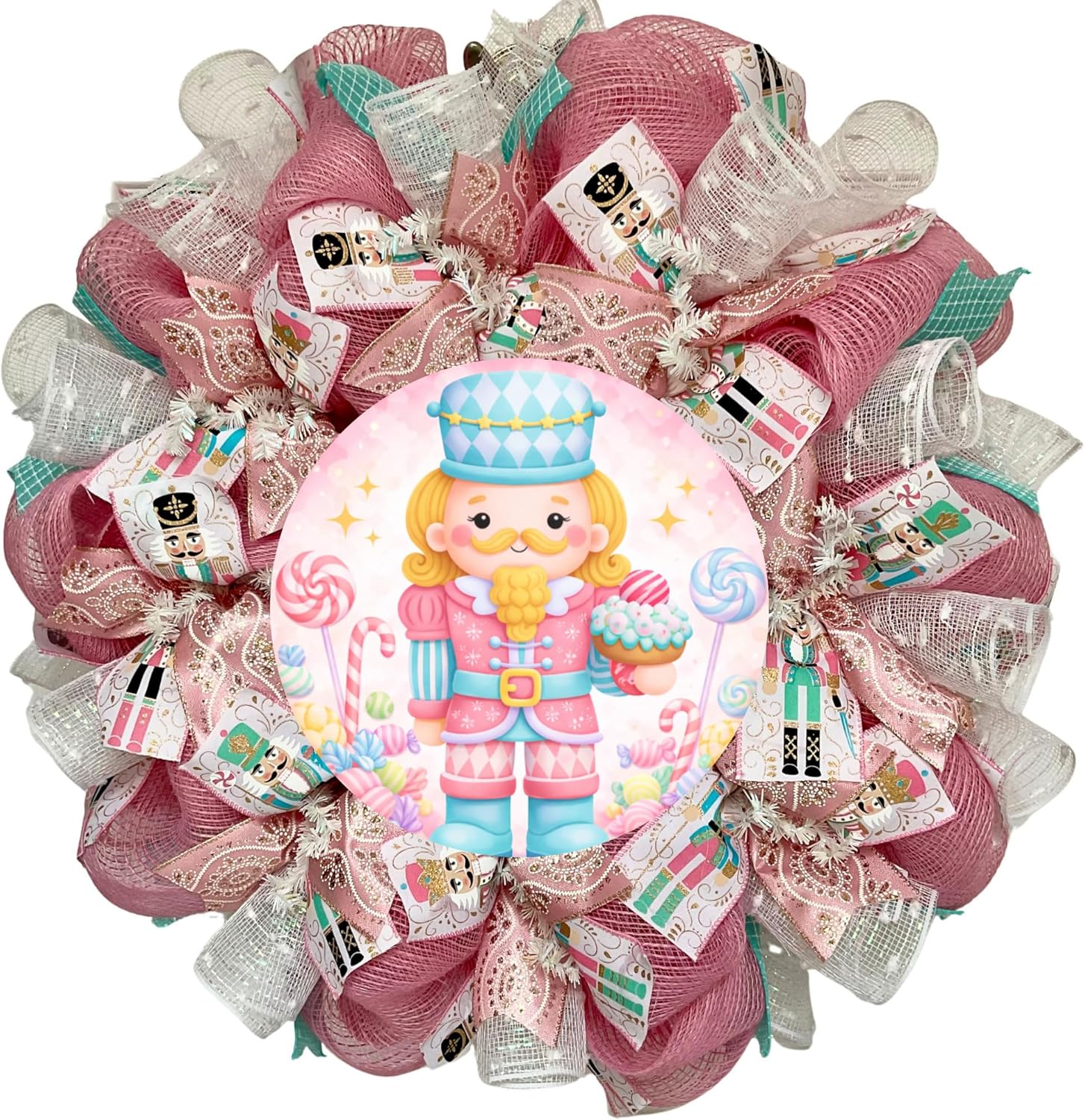 Pastel Pink Nutcracker Christmas Wreath Handmade Deco Mesh Available in 24 or 28 inch diameters