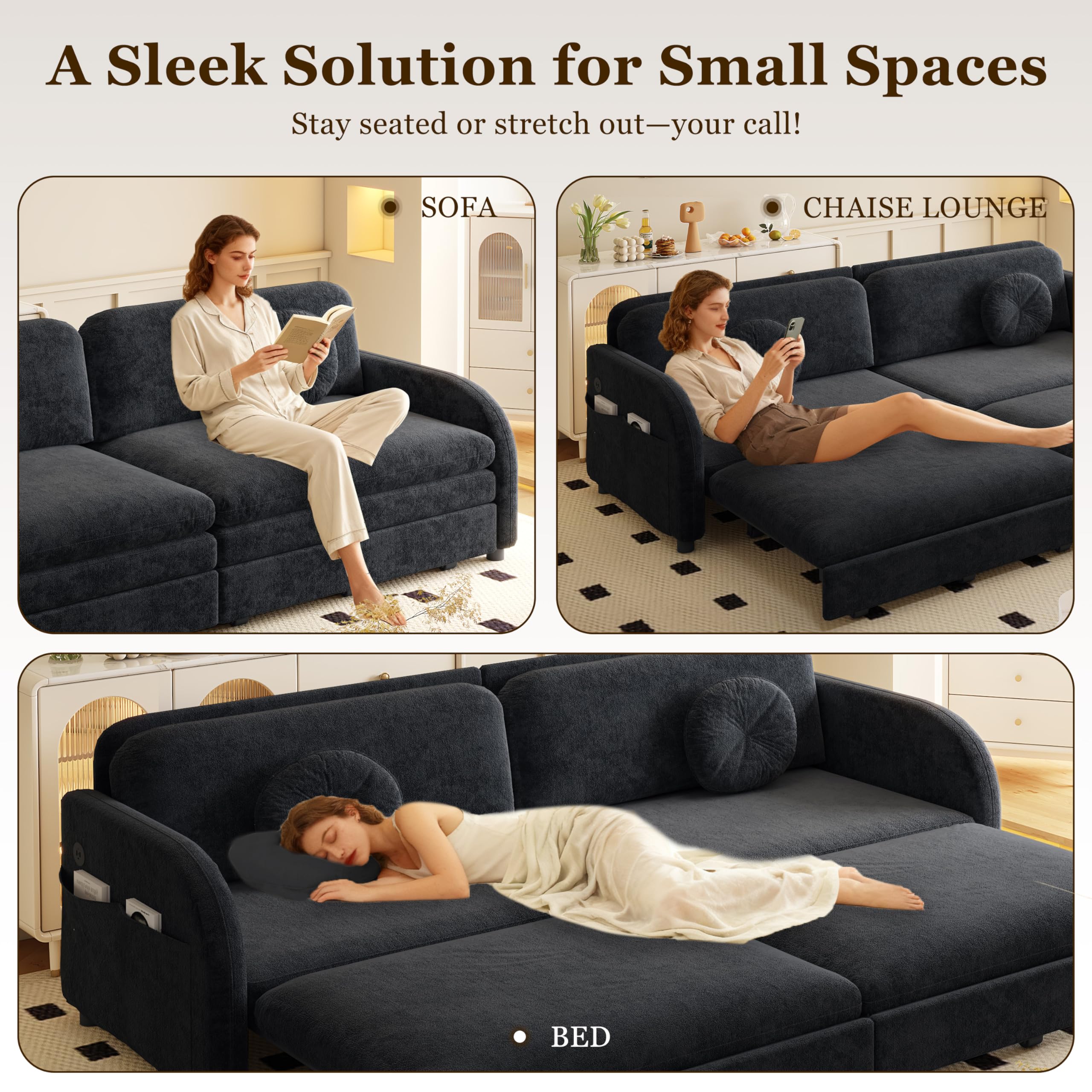 65.4'' Sleeper Sofa Bed Queen Size, 3in1 Convertible Pull Out Couch, Black | Modern Chenille Upholstered Loveseat, USB Charging, Side Pockets, 2 Pillows, for Living Room, Small Spaces, RV, Apartment