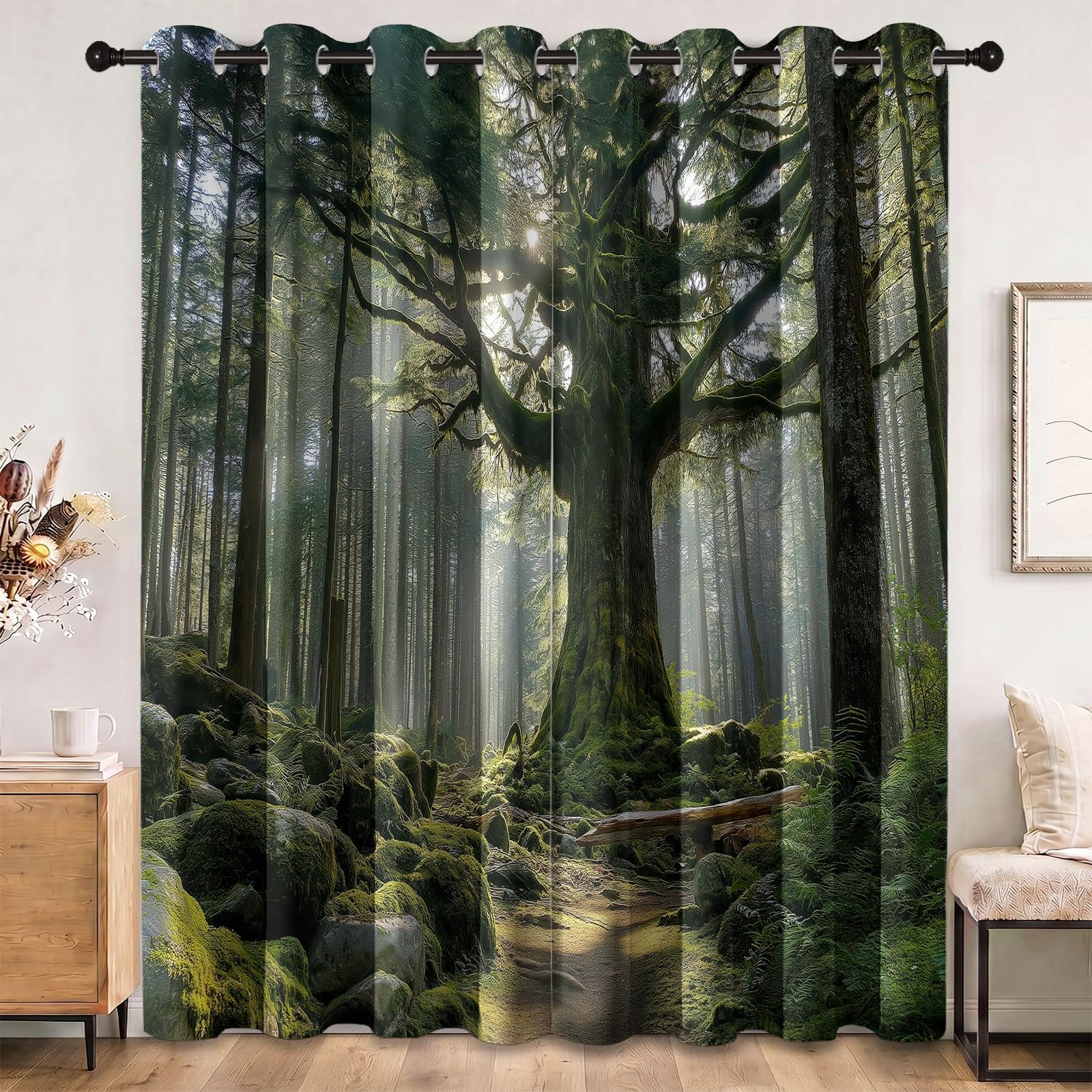 Plante Rideau Occultant Thermiques Arbres Centenaires Imposants Rustiques Décoration Salon Rideaux Occultants De Fenêtre pour Bureau À Domicile, Fenêtre Décor 140L X 260H cm (2 Panneaux), Vert