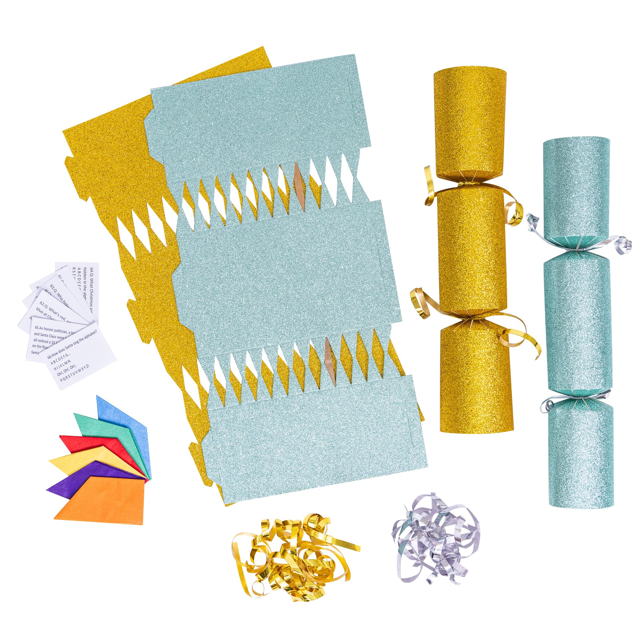 evelay 12 Make Your Own Christmas Cracker Kit DIY Light Green & Gold Glitter Crackers Hats Snaps Jokes (Light Green, Gold)