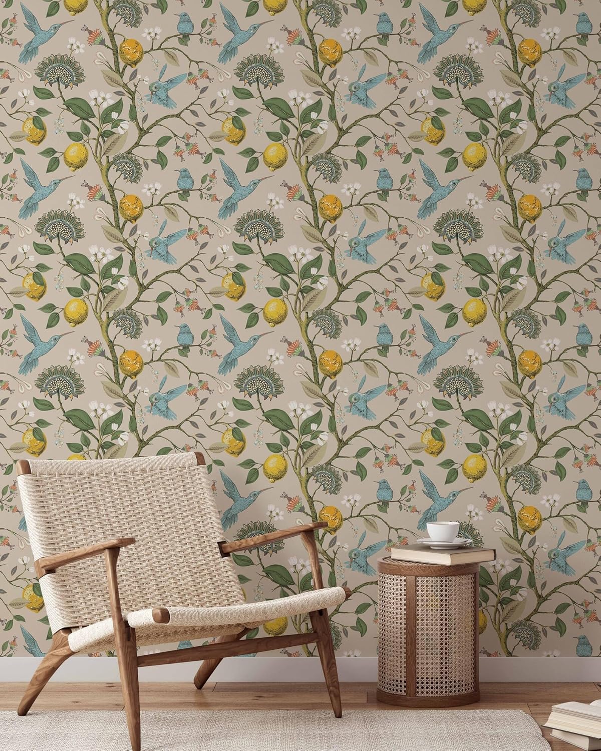Beige Hummingbird and Lemon Tree Wallpaper | Removable Self Adhesive Birds Mural | Botanical Peel and Stick Wallpaper (1 roll 24" W x 96" H)